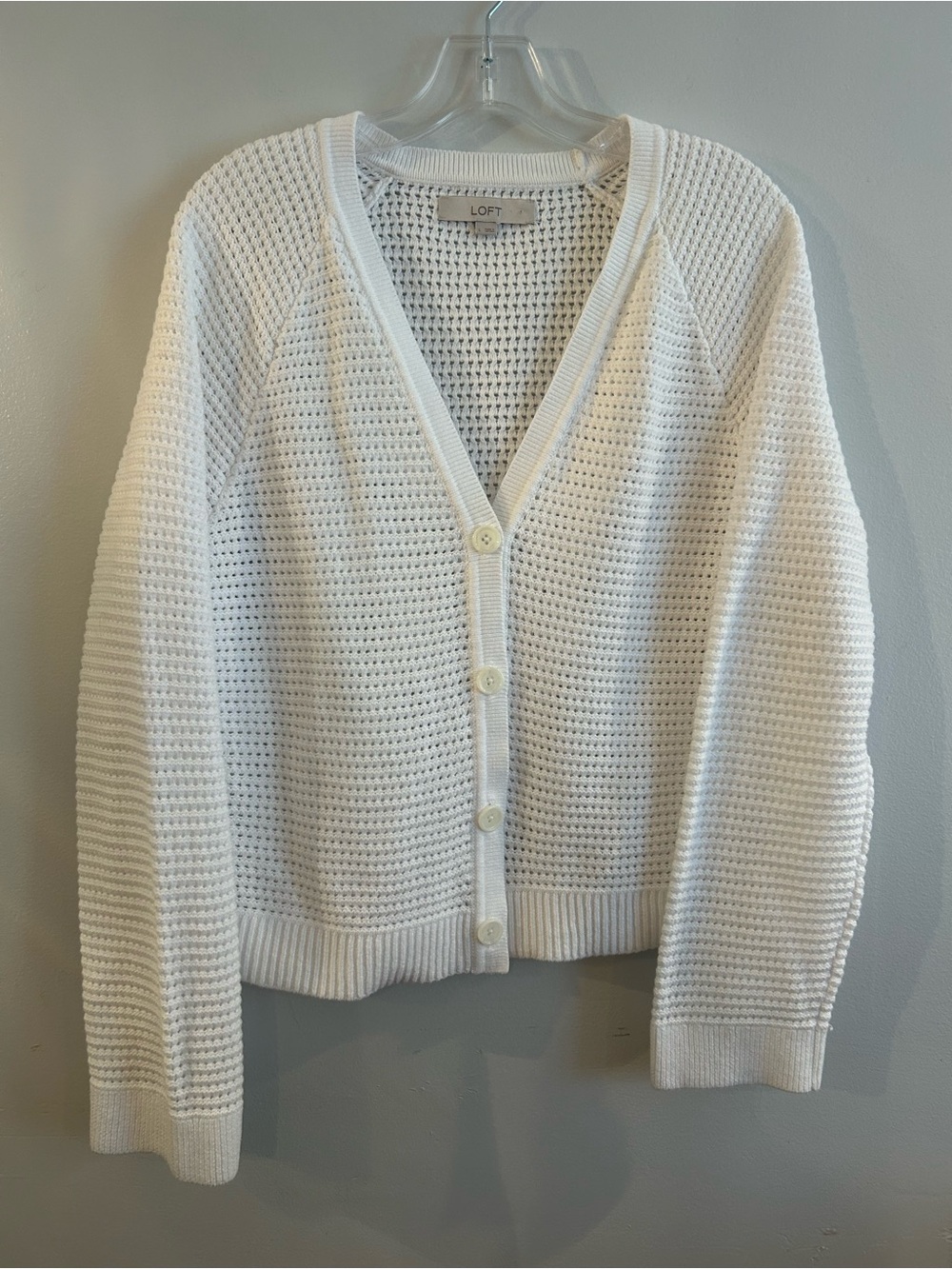 LOFT V-neck crochet cardigan featuring a textured knit